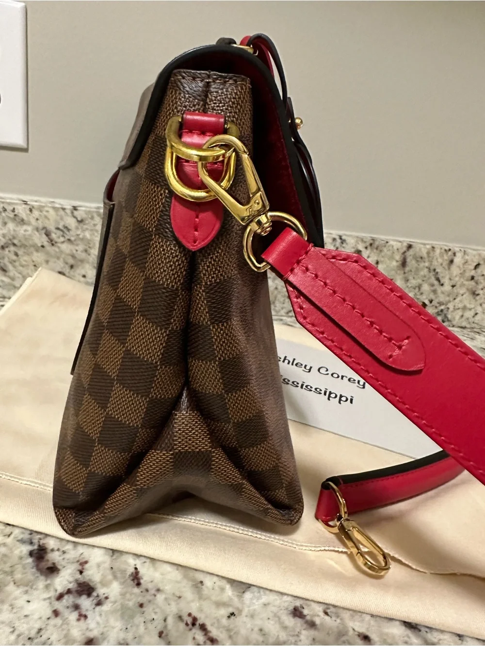 LOUIS VUITTON Beaubourg MM Damier Ebene Shoulder Bag Brown Scarlet Red Purse